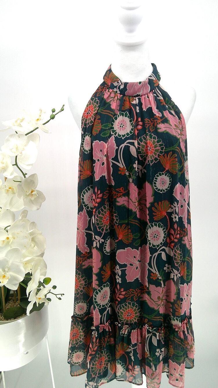 Melonie Womens Sz 14 Floral Navy Pink Ruffled Hem Knee Length Halter-Neck Dress